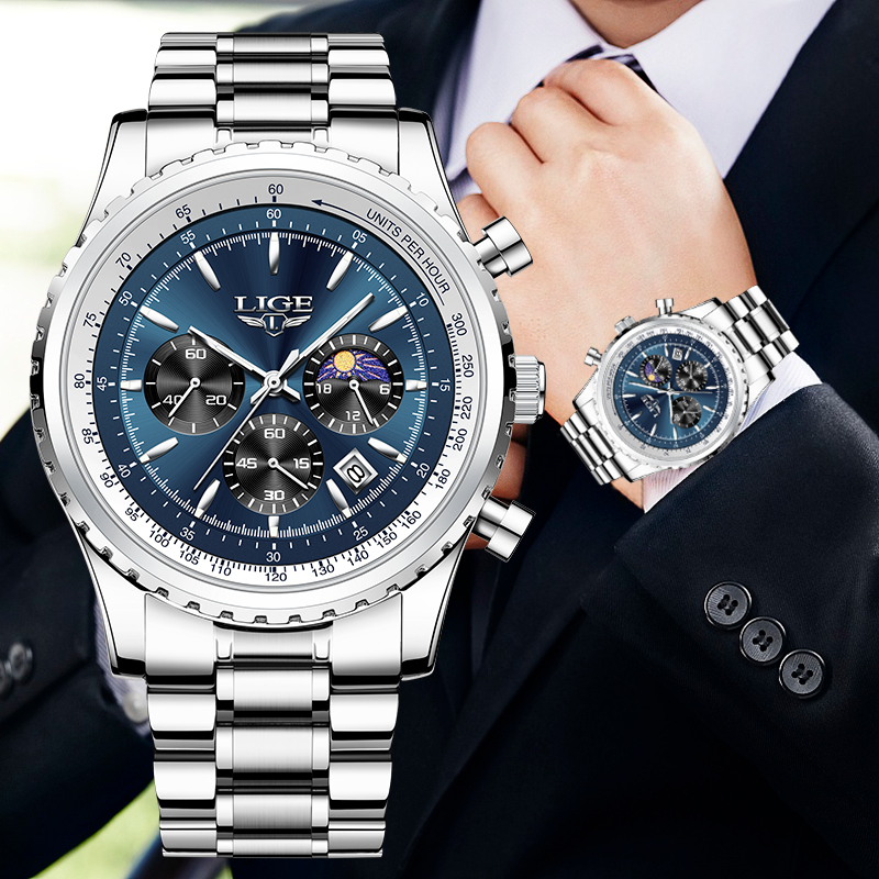 Luxury Watch Mockup - LIGE-reloj analógico de acero inoxidable para