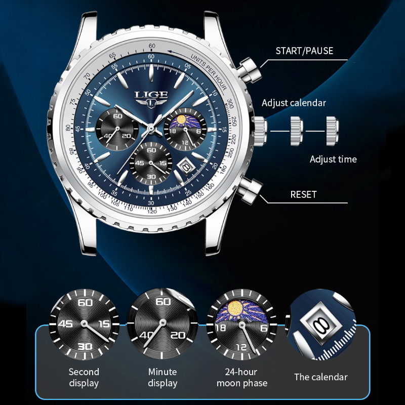 LIGE-reloj analógico de acero  - Luxury Watch Mockup reseña y precio